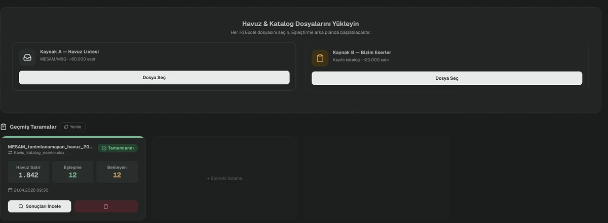 Tanımlanamayan eserler: havuz ve katalog dosyası yükleme, geçmiş taramalar