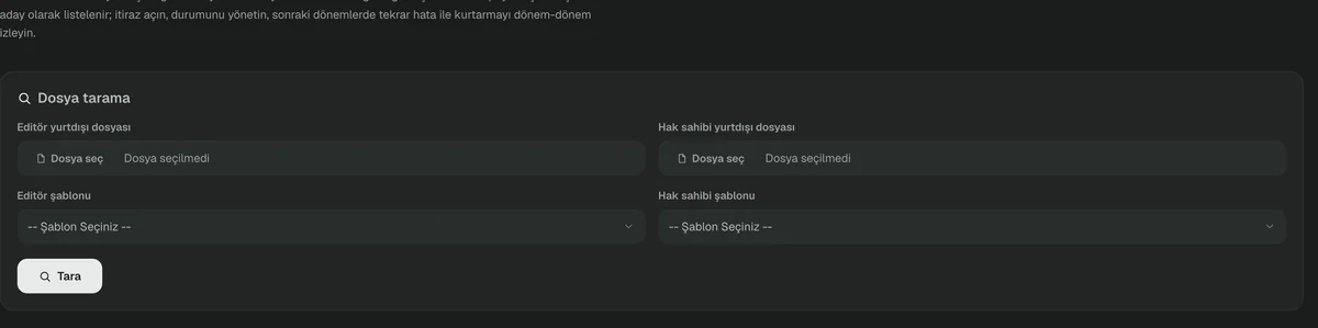 Yurtdışı dağıtım denetimi ekranı ve dosya tarama alanı